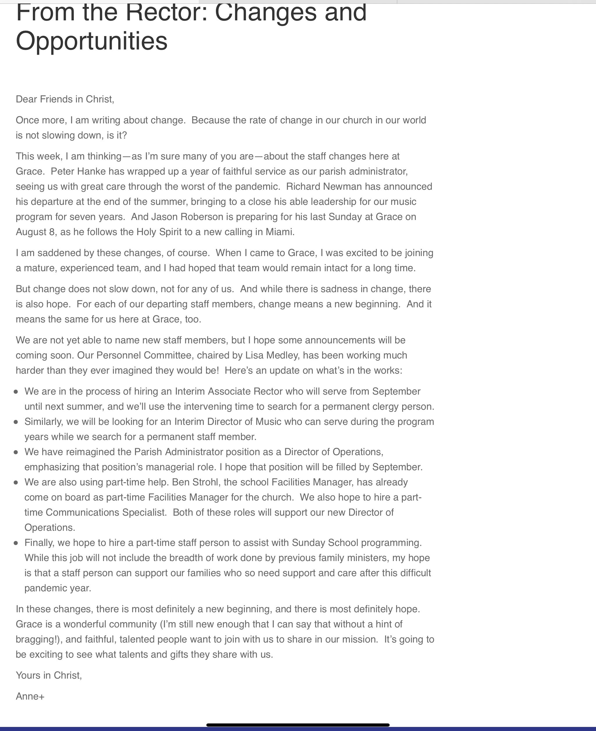 Anne Turner posts about staffing issues at Grace Episcopal, the Clergy Perjury Parish